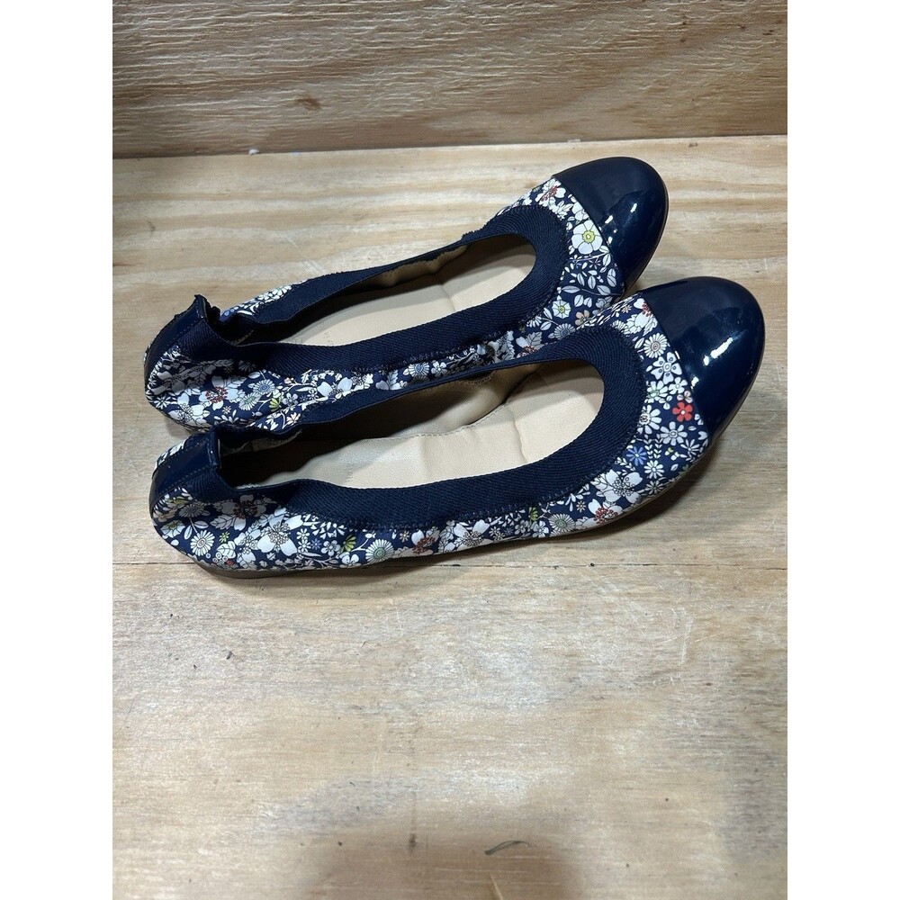 J.CREW Ballet Flats Shoes Size 8 Floral Print Fabric Patent Leather Navy ITALY